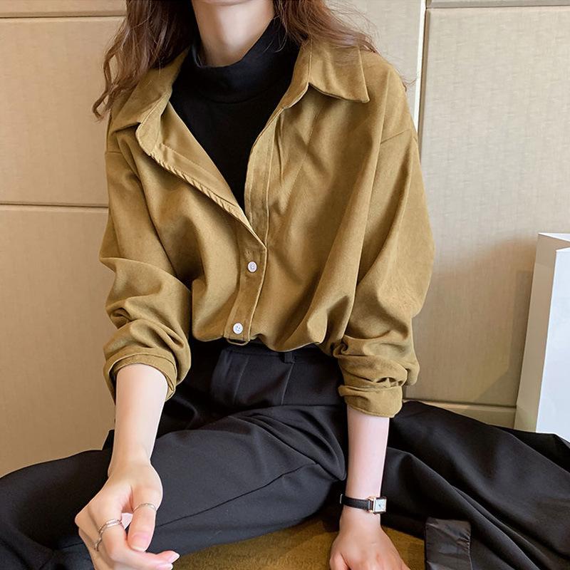 Women's Long Sleeve Shirt Turn Down Collar Vintage Blouse Loose Fit Corduroy Top