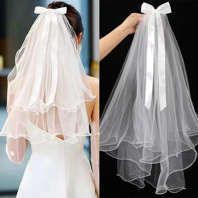 2 Stück Schleife gebunden Braut Kopfschleier Elegant Haarklammer Kopfschmuck Hochzeit Schleier Junggesellinnenabschied