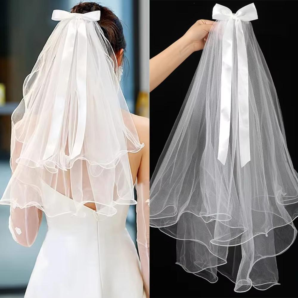 2PCS Elegant Double Layered Headband Bow Tied Wedding Gauze Head Covering Bride's Head Gauze  Party
