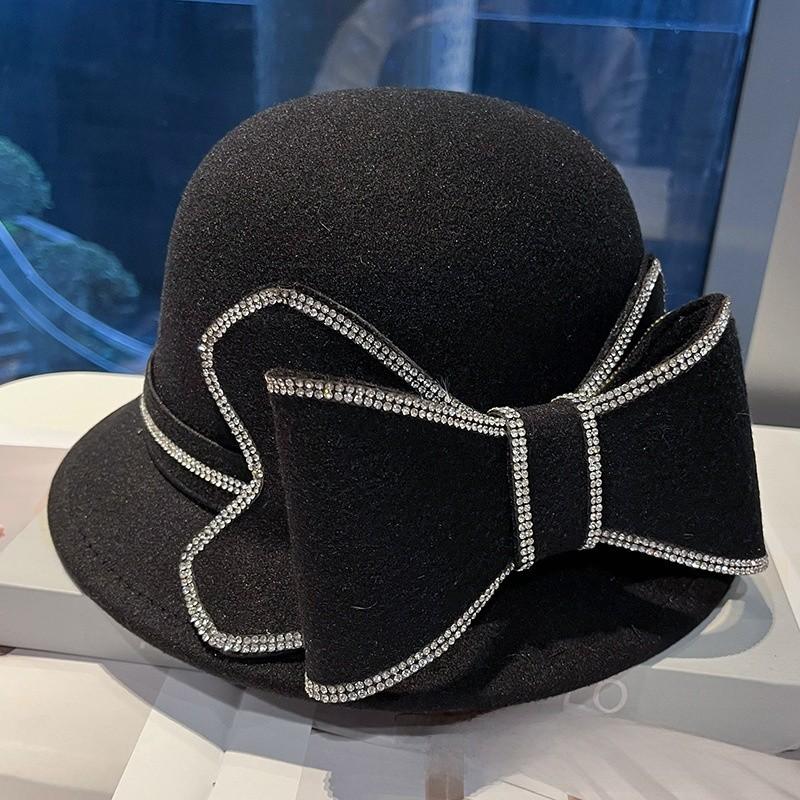 

Small Fragrance Style Water Drip Large Butterfly Bow Wool Beret Hat For Winter Fashion чёрный
