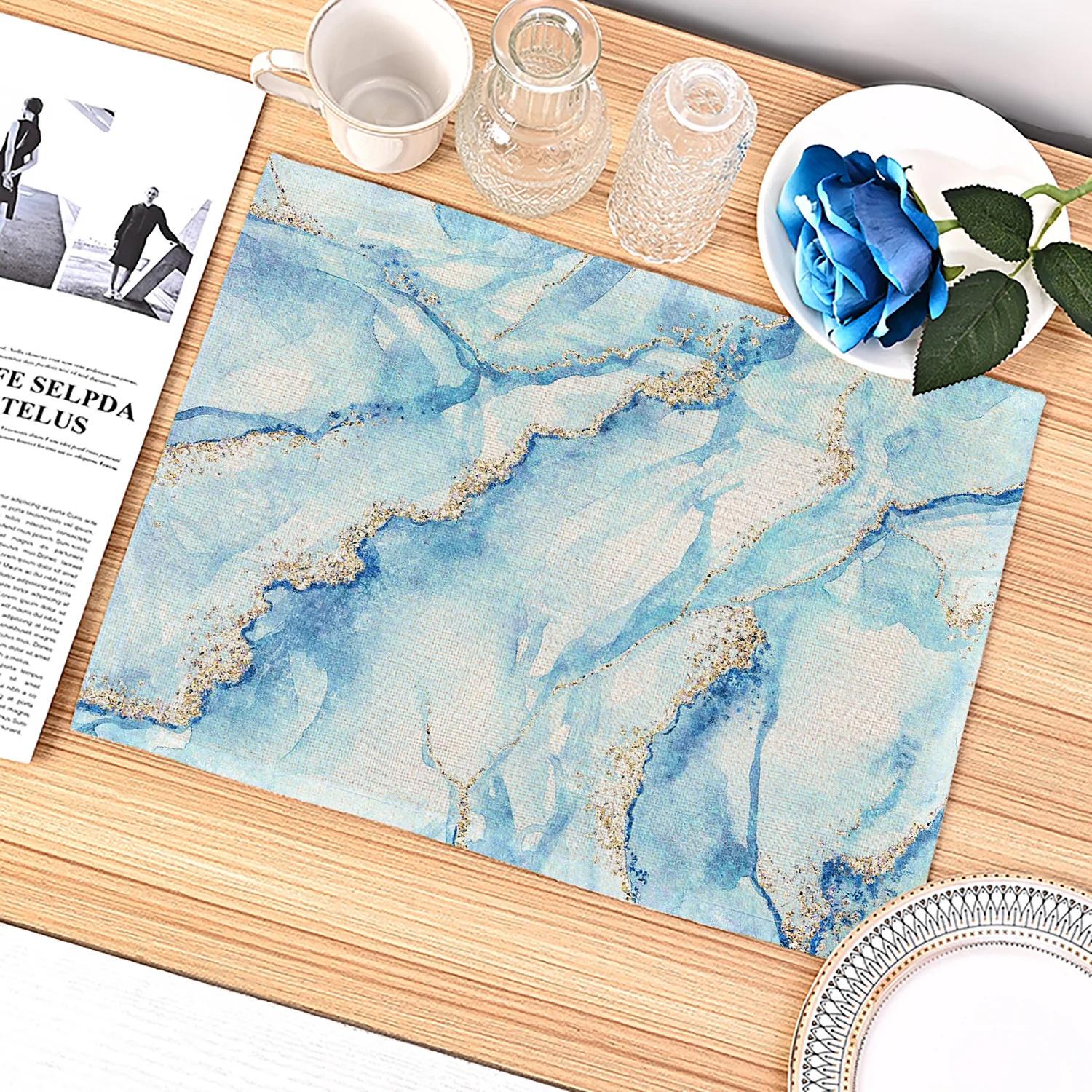 

4Pcs Simple Blue Geometric Marble Kitchen Tablemat Placemat Cotton Linen Coaster Dining Table Mats Bowl Cup Mat Home Decor 4Pcs-30X45cm(12X18in