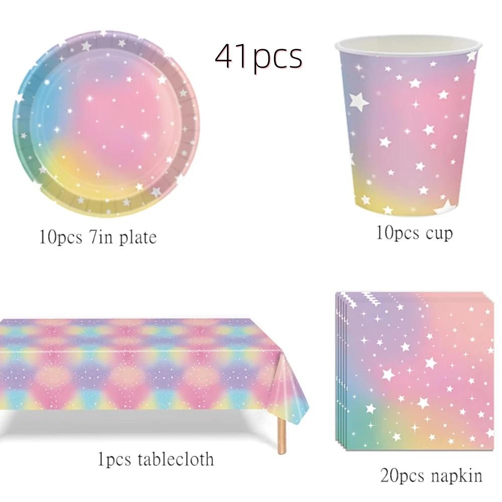 Rainbow Party Supplies Macarons Stars Pink Birthday Napkin Plate Cup Balloon For Girls Wedding Pastel Birthday Party Decor