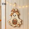 Indoor Wall Hanging Ornament Cute Bow Ghost Sign, Rustic Retro Floral Door Sign with Pumpkin Pastoral Autumn Hanger Basket, Vintage Halloween