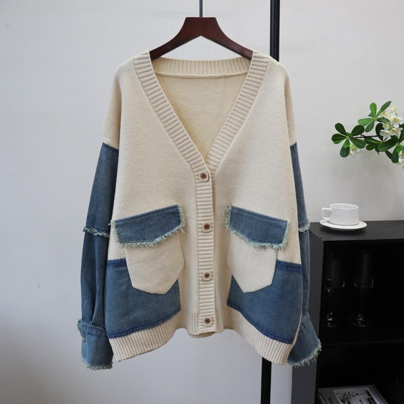 Autumn and winter new splicing denim knitted cardigan design sense loose casual lazy wind sweater jacket women