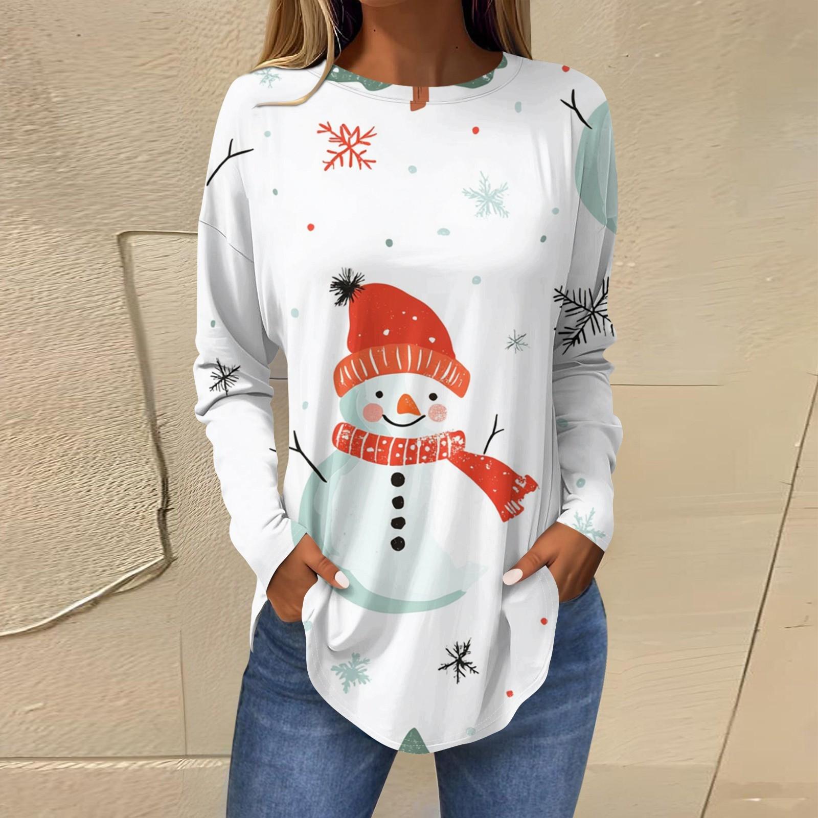 

Футболки для женщин, осенние повседневные рубашки с длинными рукавами, толстовка с ретро-принтом, топ для рождественской вечеринки, пуловер XXL белый