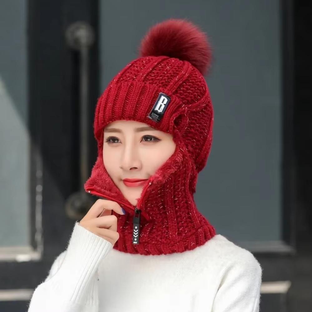 Casual Windproof Wool Knitted Hat Neck Warmer Thickened Ear Protection Hat Keep Warm Pompoms Hat for Women