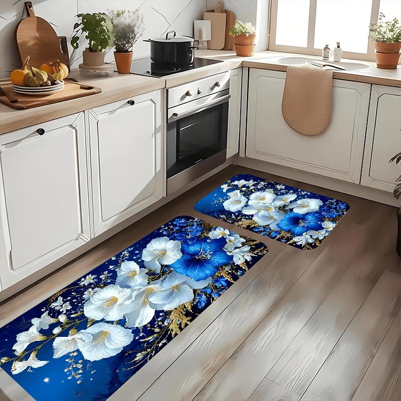 1Pcs Anti Fatigue Kitchen Rugs, Blue White Floral Print Waterproof Non-Slip Thick Cushioned Kitchen Mat Heavy Duty Comfort Standing Mat for Kitchen