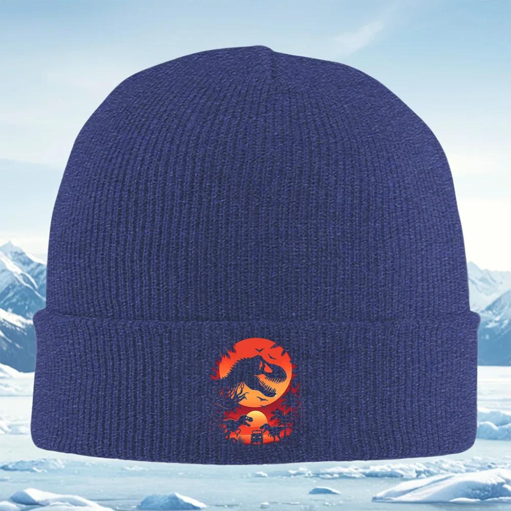 Dinosaur silhouette sunset trees birds vehicle Unisex Women Unisex Knitted Hat Beanie Pullover Cap Winter Thermal Warm Christmas Ou