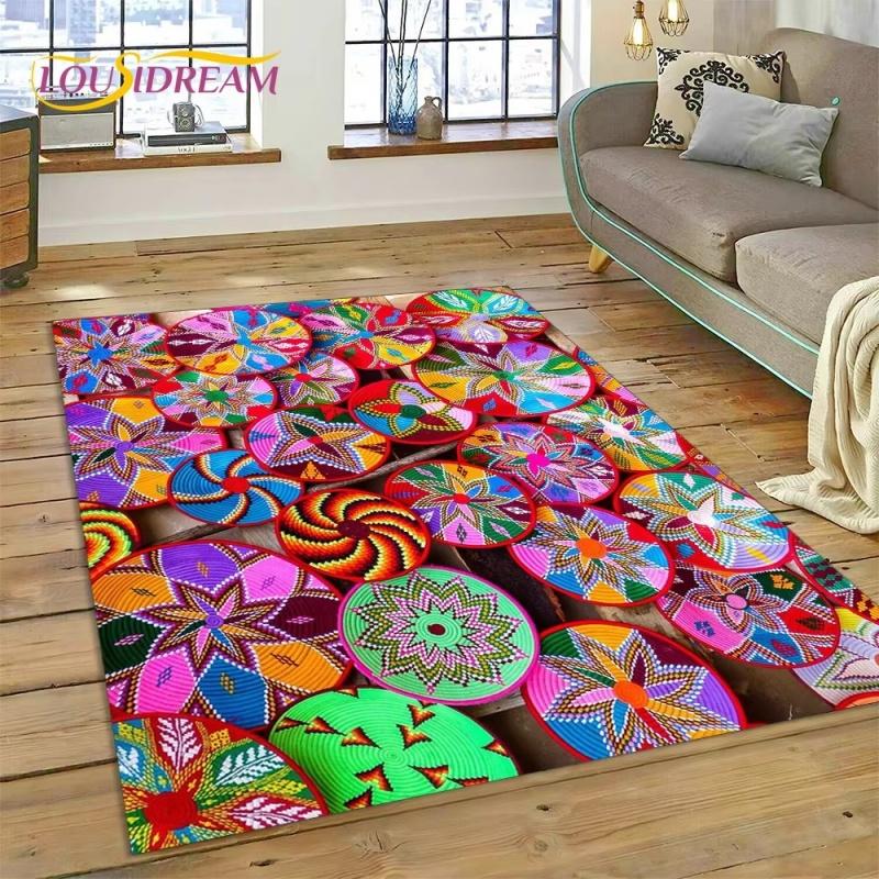 3D Ethiopia Colorful Flower Woven Art Baskets Mandala Rug Carpet for Living Room Bedroom Home Decor,Non-slip for Sofa Doormat