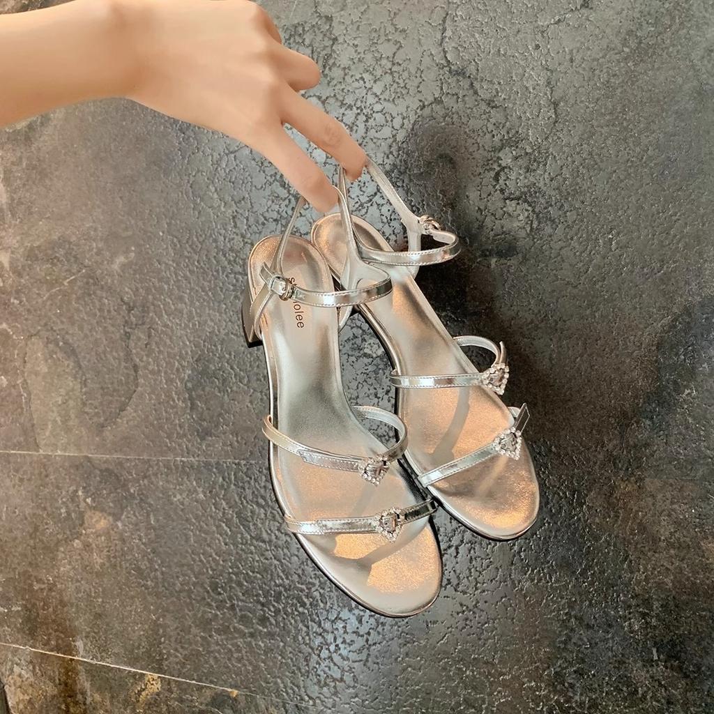 Sheepskin Version~ Round Head Double Word with Love Diamond Buckle Adjustable Flat Sandals Women's Leather Thick Heel High Heel Sandals