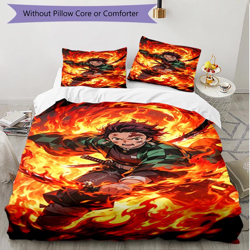 3pcs Duvet Cover Set (1*Duvet Cover + 2*Pillowcase, Without Core), Demon Slayer Print Soft All‑Season Bedding Set, Home Bedroom Decor Gift