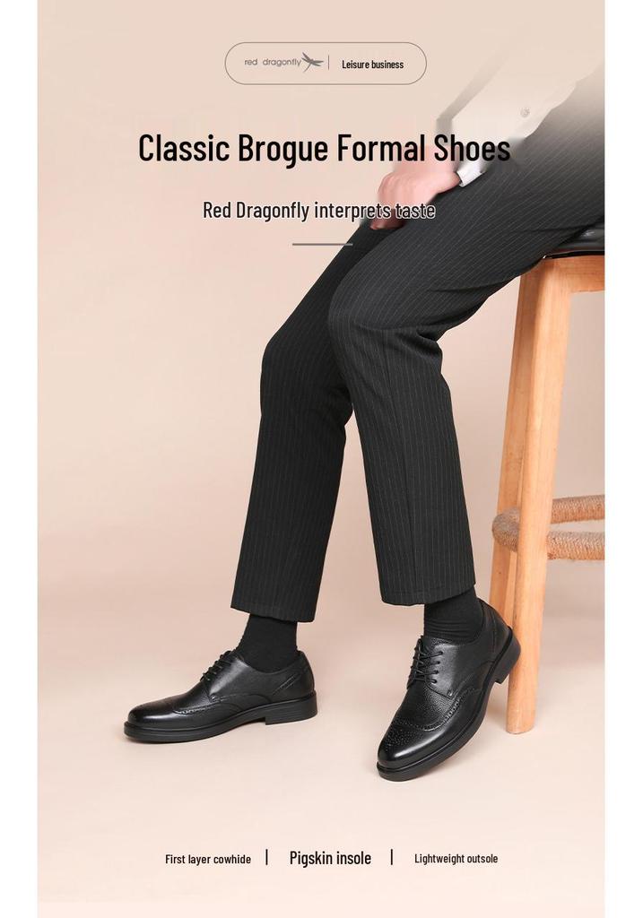 Red Dragonfly Men's Genuine Leather Soft Sole Brogue Shoes - Autumn/Winter Formal Style