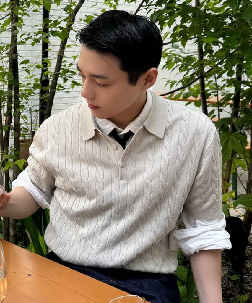 MINDBRIDGE [Set][On][Select Collar Or Round Neck] Linen-Like Cable Oversized Short Sleeve Knit - 6 Colors (Type A)