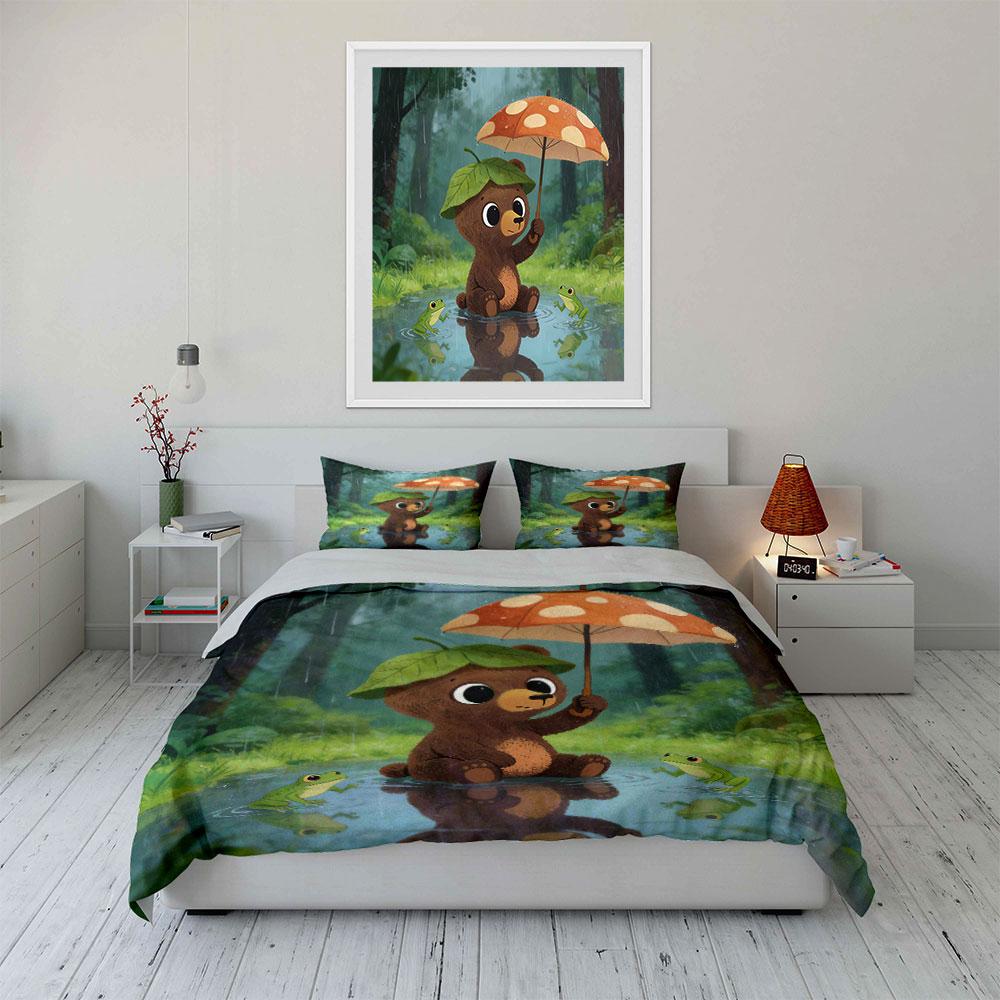 Rainy Forest Bear Decor Set Soft Comfortable Duvet Cover Bedding Set Included 1*Duvet Cover & 2*Pillowcases, Gift