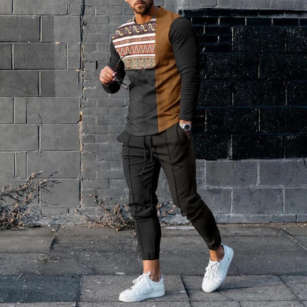 Männer Trainingsanzug Frühling Übergroßen Set Drucken Lange Ärmeln T-shirt + Hosen Jogger Sportswear Casual Streetwear 2 Stück Anzug