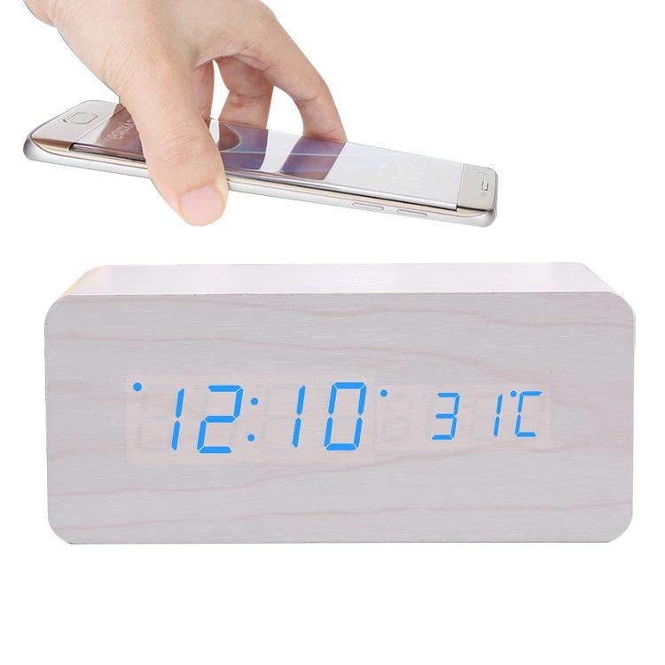 Wireless LED Wood Clock: Digital Alarm with Thermometer, Calendar & Charging Function