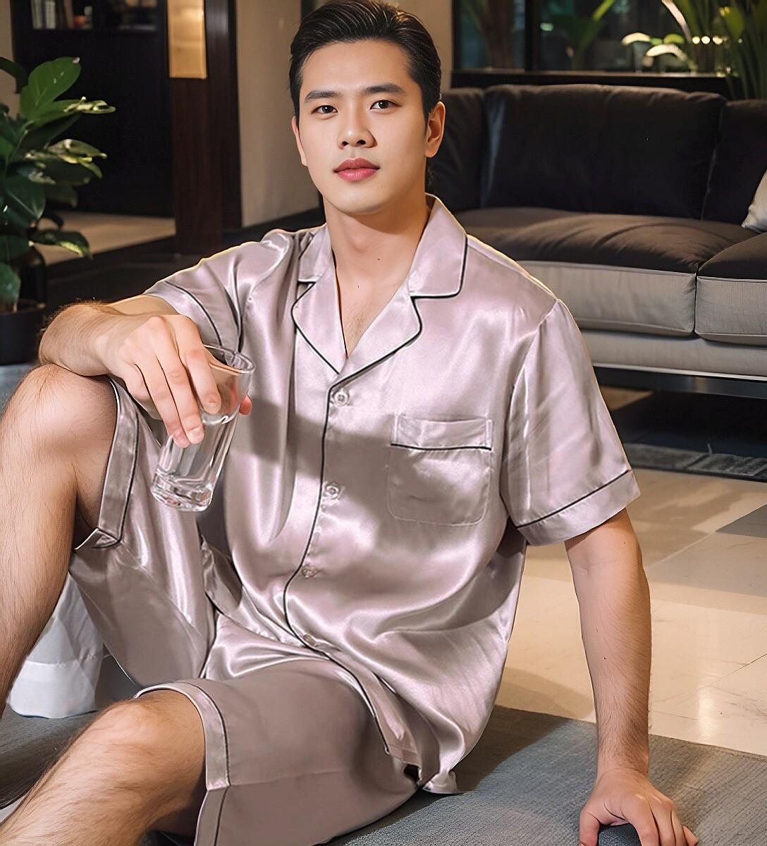 

Men s 19 Momme Silk Pajama Set: Short-Sleeve, Mid-Length Pants, 100% Mulberry Silk Loungewear. 16mm Silk L (up to 145 lbs)