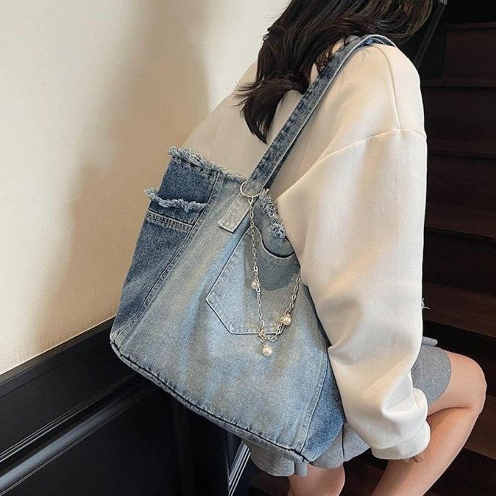 Fashion Korean Style Denim Shoulder Bag Simple Solid Color Underarm Packs PU Leather Large Capacity Canvas Tote Bag Women