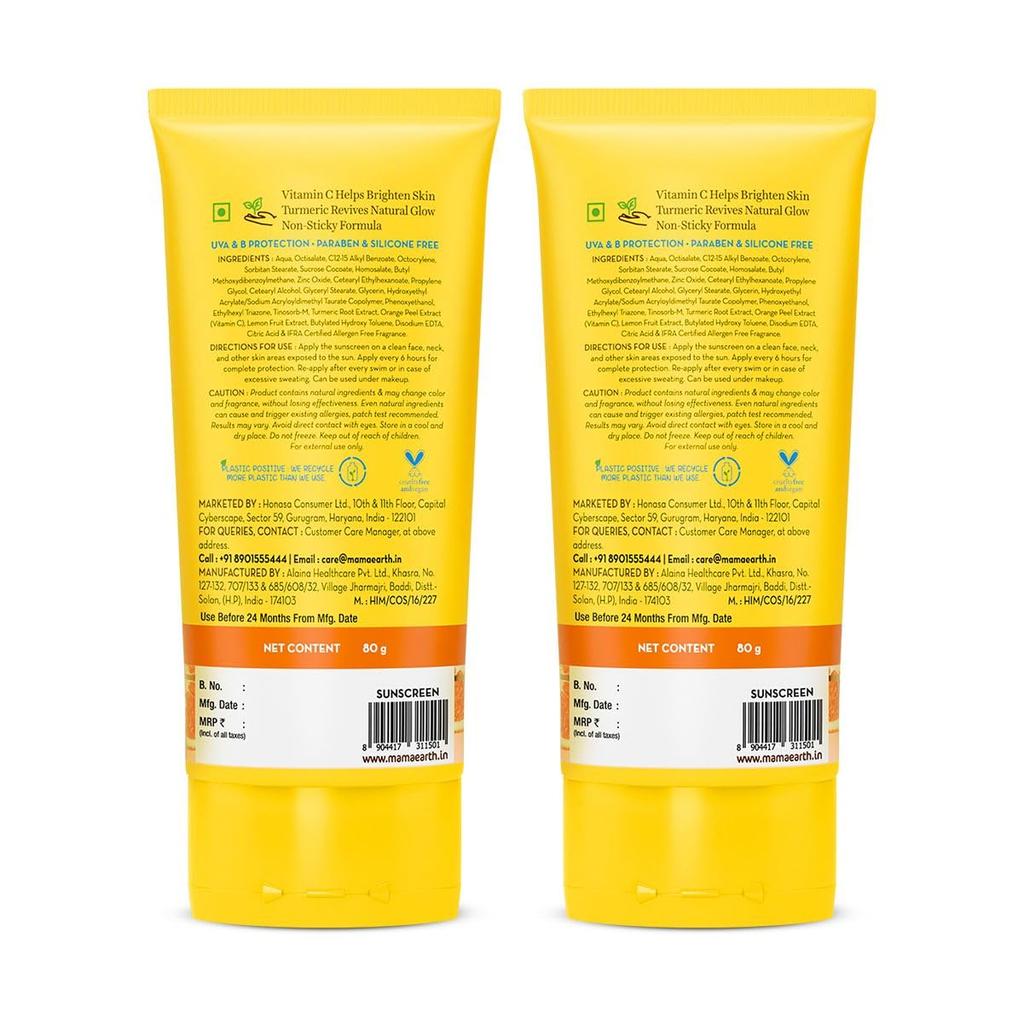 Mamaearth Vitamin C & Turmeric Sunscreen SPF 50 PA++++ – 80g x 2 Pack, No White Cast, Lightweight, Brightens Skin, Tan Protection, All Skin Types