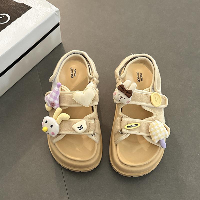 Fashion Cute Cartoon Bear One-word Buckle with Velcro Sandals Women's Summer New Beach Cool Slippers