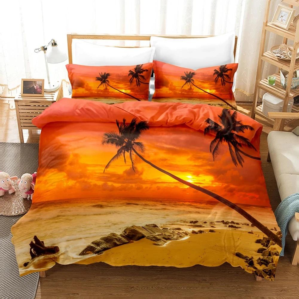 Goldon Sunset Bedding Collection Tropical Beach Holiday Duvet Cover Collection Girl Bed Cover Collection Sunrise Quilt Cover Pillowcase Single Double