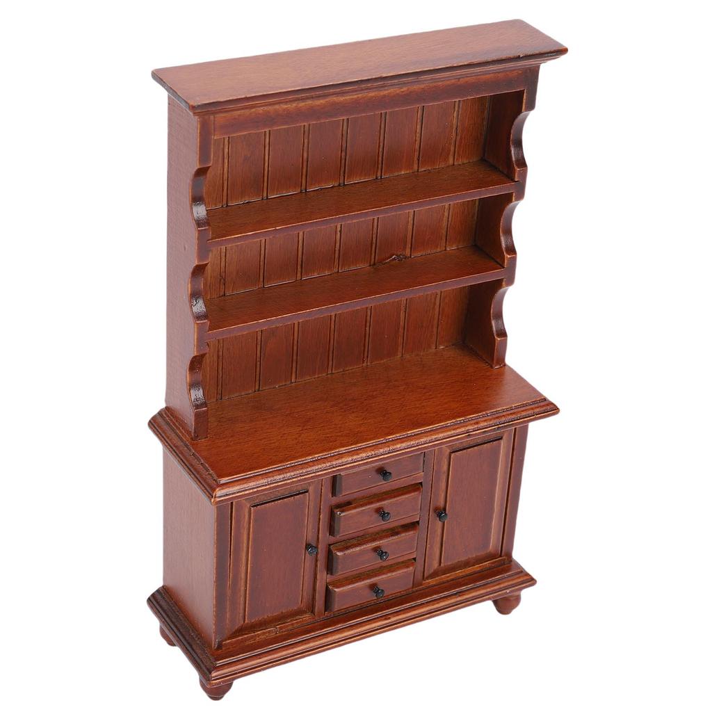 1/12 Scale Dollhouse Cupboard Miniature Display Cabinet Storage Drawers and Double Doors Chestnut