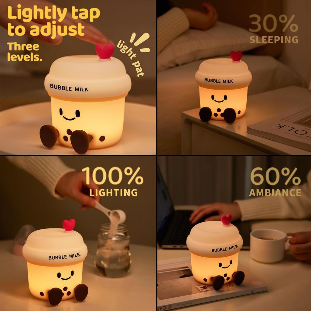 Niedliches Bubble Milk Cup Nachtlicht, 3-stufig dimmbares weiches Licht, mit Timer, wiederaufladbar, ideale Dekoration und Geschenk für Mädchen, Frauen und Kinder