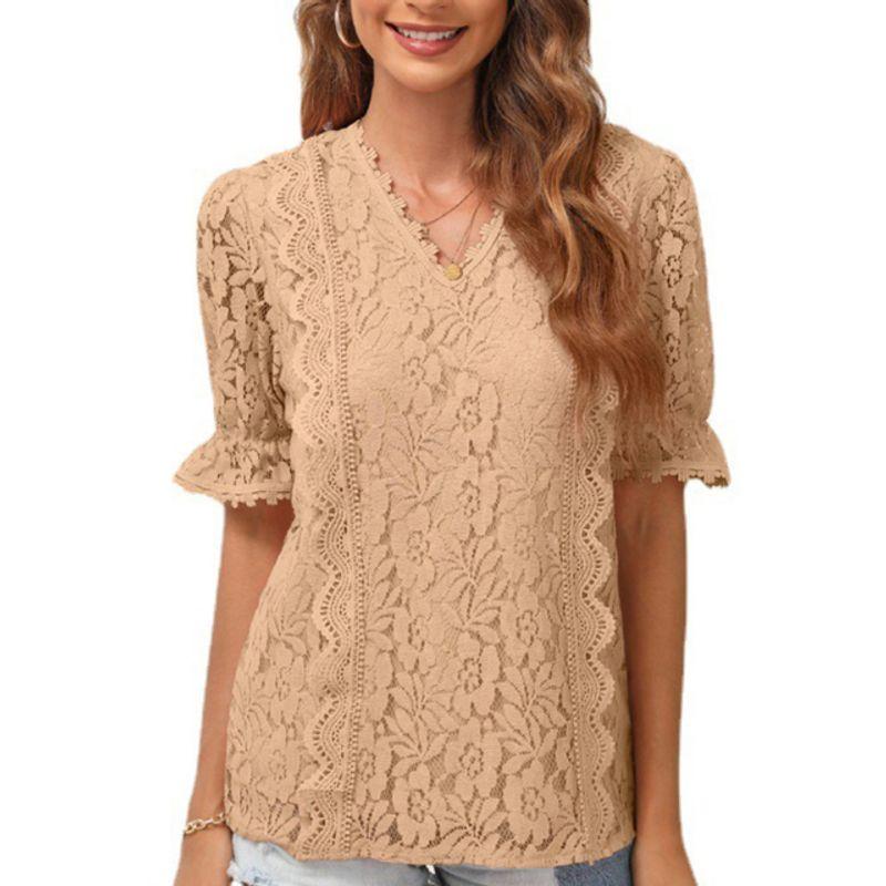 

Топ с V-образным вырезом, вырезами и кружевными короткими рукавами Топы с V-образным вырезом, полым кружевом и оборками на коротких рукавах Khaki M