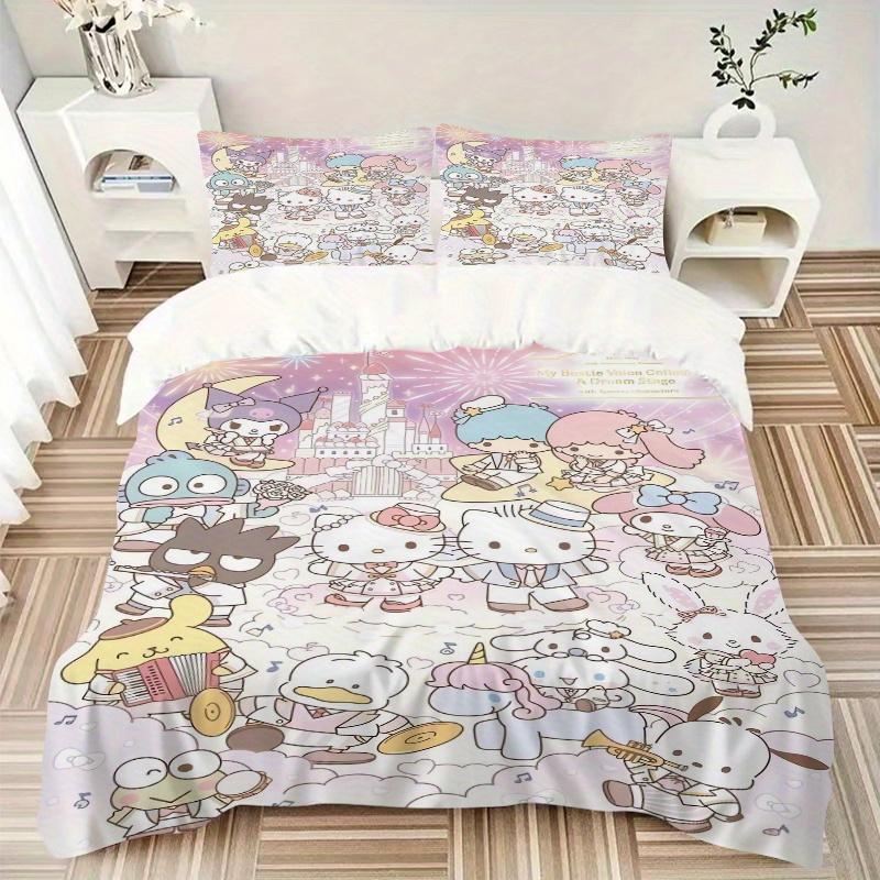 3pcs Sanrio Hello Kitty and Friends Printed Quilt Set - Includes 1 Quilt Cover and 2 Pillowcases, Machine Washable - Suitable for All Seasons.W10
