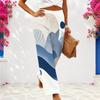 Women Plus Size Blue White Abstract Printed Wide Leg Full Length Loose Pants