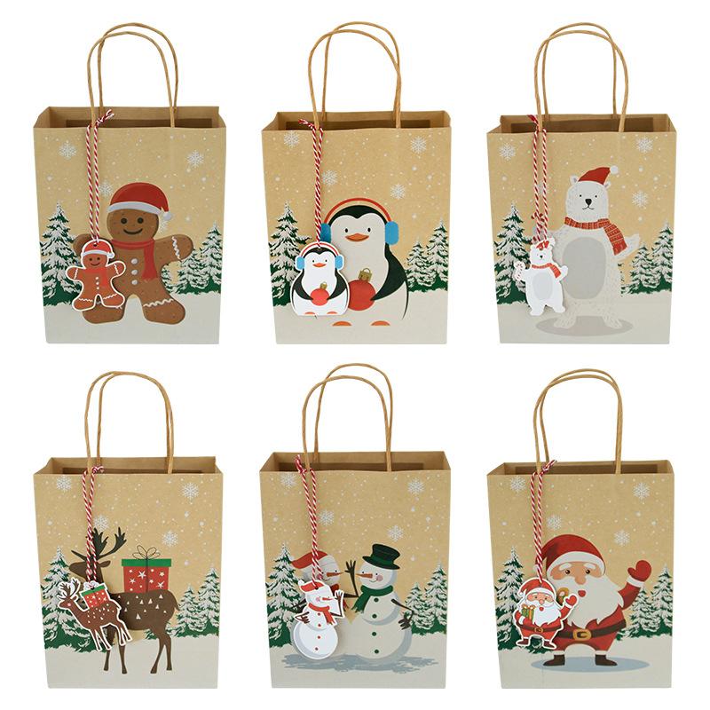 Christmas Square Bottom Tote Bag Kraft Paper Cartoon Christmas Animal Tote Bag Christmas Gift Paper Bag