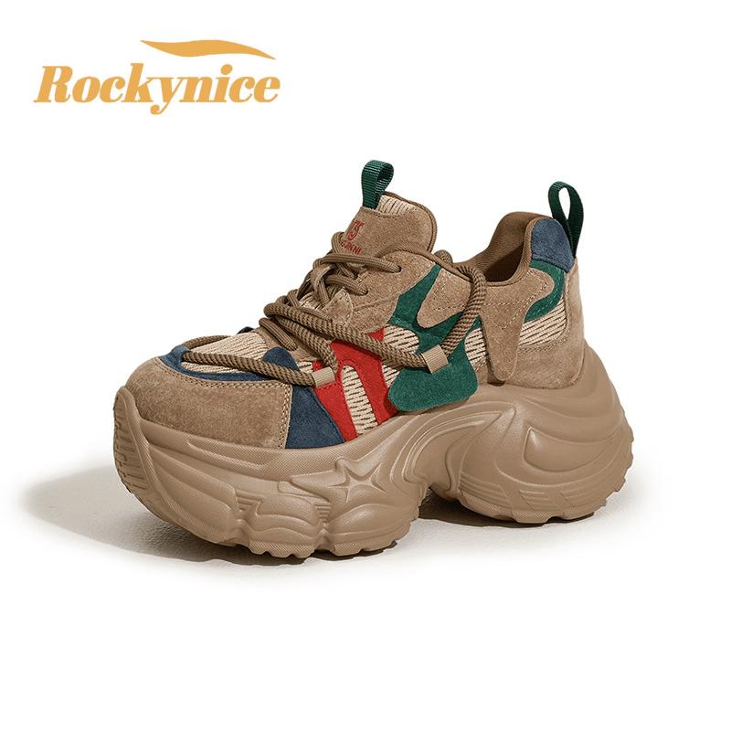 Shufl Women's Orange Chunky Sneakers Thick Bottom Vulcanize Sport Shoes New Genuine Leather Platform Casual Running Dad Shoe For Woman Cm