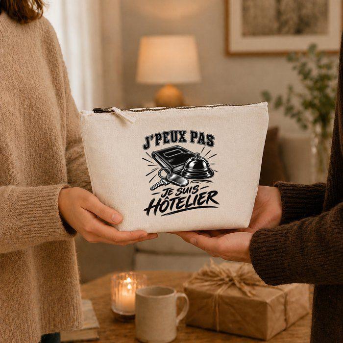 Trousse de toilette - PLANETEE - J'peux pas je suis Hôtelier - Beige 100% coton - 3 L - Zip métal