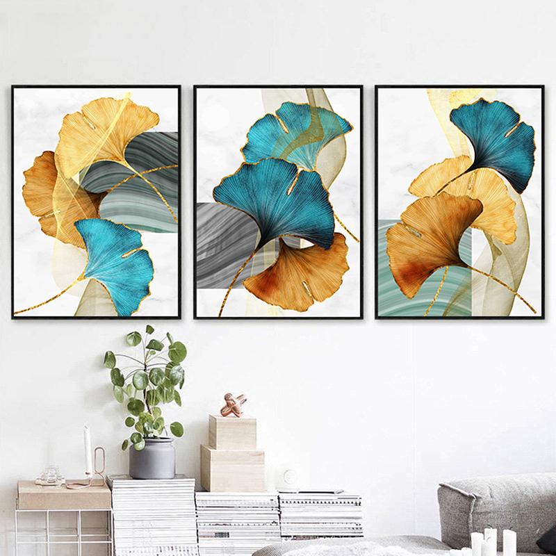 Blue Green Yellow Gold Leaf Plant Flower Canvas Poster Abstract Painting Wall Art Print Nordic Modern Pictures Living Room Decor