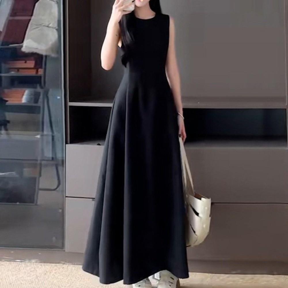 Sleeveless Vest Solid Color Long Skirt Temperament Women Korean Dress Sleeveless Long Dress  Party