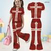 Girls Casual Red Blue Printed Round Neck Short Sleeve Top Flared Pants Two Piece Set