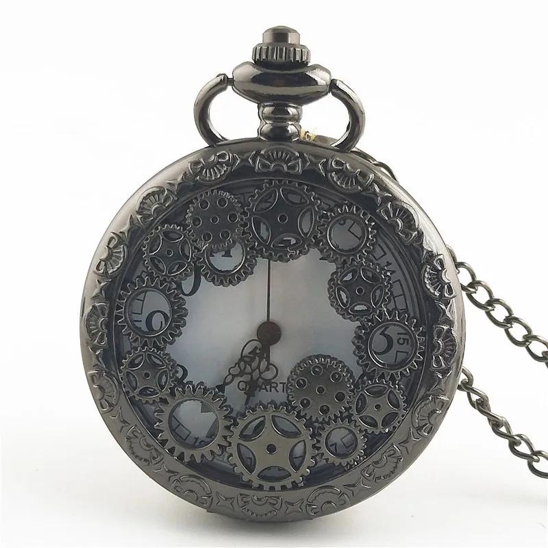 Steampunk Copper Vintage Hollow Gear Hollow Quartz Pocket Watch Necklace Pendant Clock Chain Men Women Unique Watch