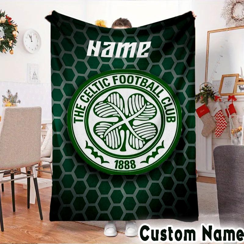 Custom Name Celtic FC Crest Throws Blanket Flannel Blankets for Couch Bed Gifts for Men Women Picnic blanket Christmas fan gifts
