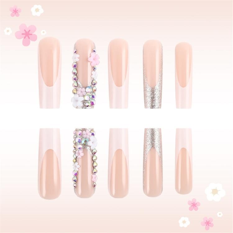 24pcs Square False Nail with 3D Flower Rhinestones Press On Nail Quick and Easy Application for Office or Party Use