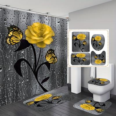 4-teiliges Duschvorhang-Set mit gelbem Rosenmuster für Badezimmer, rutschfeste Badezimmerteppiche, Deckel, Toilettendeckel, Badematte, Badezimmer-Set