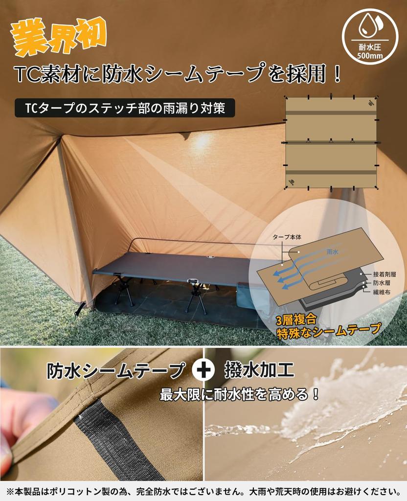 GOGlamping Square Tarp TC Square Tarp Polycotton Bonfire Bezpečné smyčky a speciální vodotěsná páska 500 mm Voděodolná voděodolná světlo