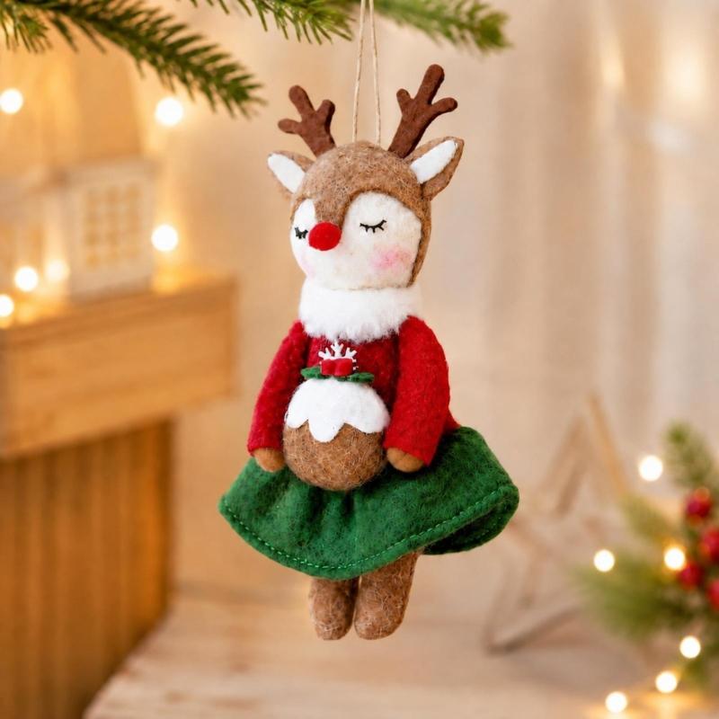 Cartoon Christmas Reindeer Hanging Decoration with Short-Pile Fabric, Finished Edges, and Holiday Artwork for Branch Displays