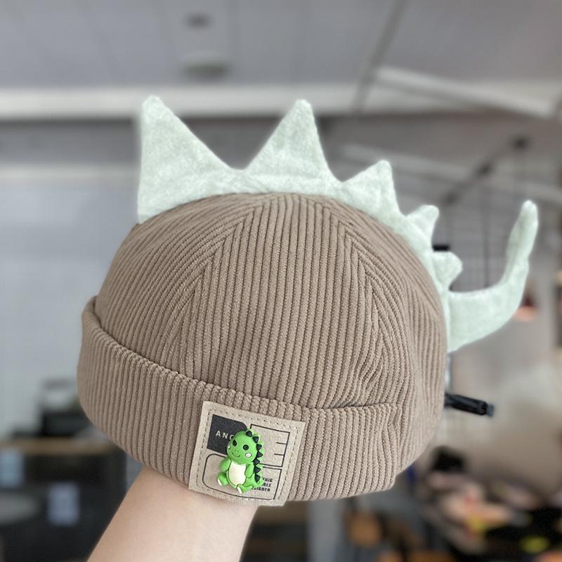 Cute Dinosaur Baby Brimless Hat Winter Corduroy Infant Melon Cap 3D Cartoon Adjustable Drawstring Kids Beanie Caps