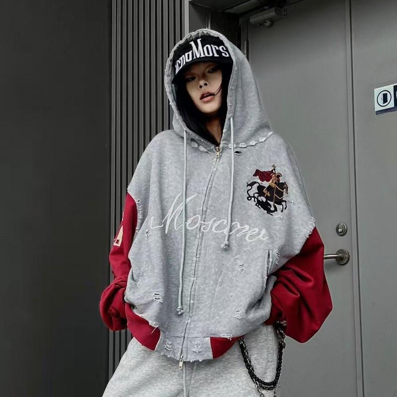 Unisex Distressed Patchwork Hooded Sweatshirt With Embroidered Zipper Front Casual Streetwear