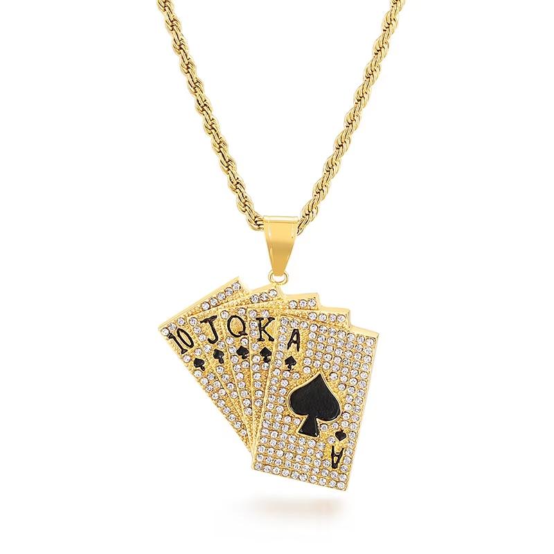 Pánský Hip Hop Pokerová Karta Přívěsek Náhrdelník Bling Kamínky Hrací Karta Řetízek Nerezová Ocel Streetwear Šperky pro Party Dárek
