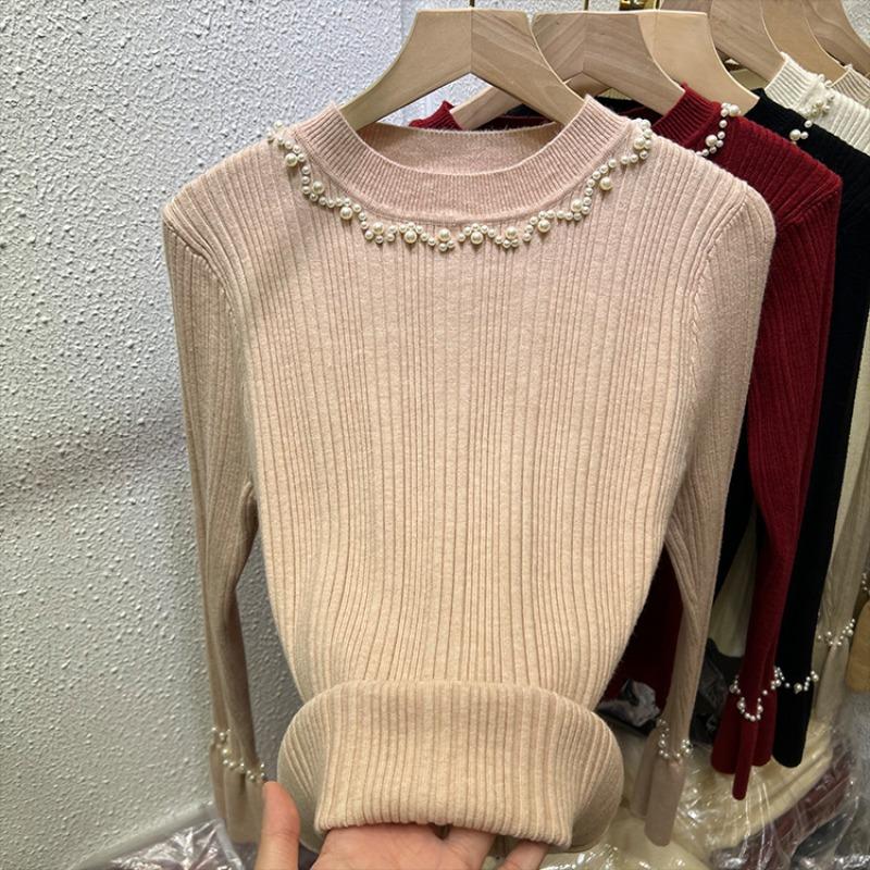 Podzimní Nový Svetr Pletený s Korálky Dlouhý Rukáv Dámský Zimní Slim Fit Základní Pulovr Svetry pro Ženy Módní Elegantní Jednobarevné Teplé Svetry Topy 24868