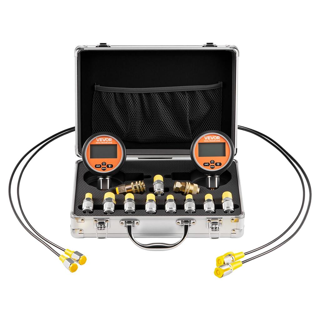 VEVOR Digital Hydraulic Pressure Test Coupling Kit, 700 Bar Pressure Gauge Manometer Tester with 2 Gauges, 9 Test Couplings, 2 Quick-Release Couplers