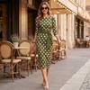 Damen Sommer Mode Polka Dot Bodycon Kleid mit Rundhalsausschnitt Gürtel Taille Enganliegend Midi Kleid