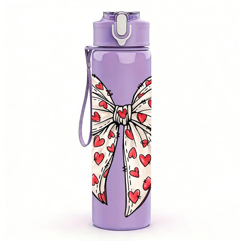 1PC Red Polka Dot Bow Ribbon Print 750ml Color Plastic Sports Water Bottle Leakproof Flip Straw Lid Suitable for Sports Office Home Use