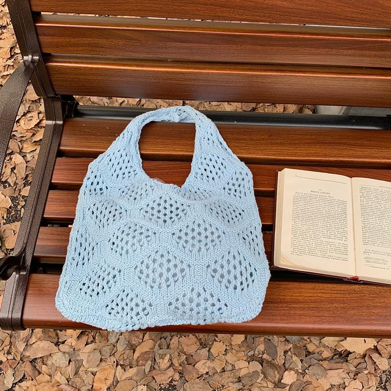 Polyester Knit Shoulder Bag for Women Diamond Hollow Out Woven Tote Purse Soft Handbag Casual Daily Commute Bag KTB